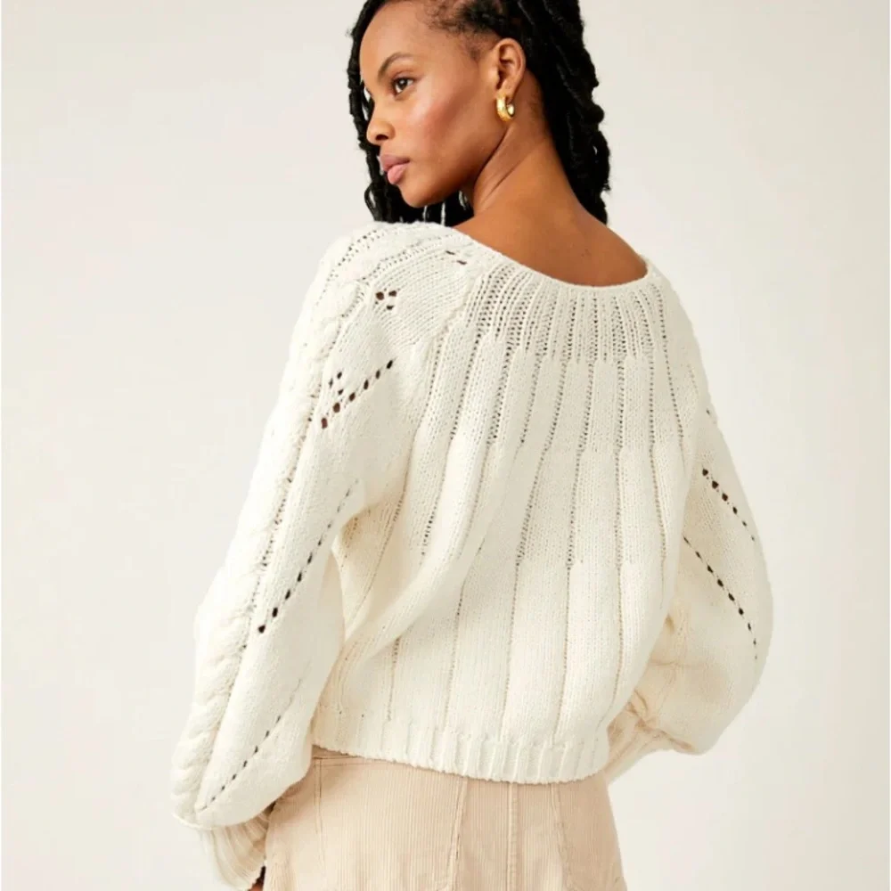 Free People Sandre Pullover Sweater White Cable Knit Crop Cotton Blend Medium - Picture 3 of 7